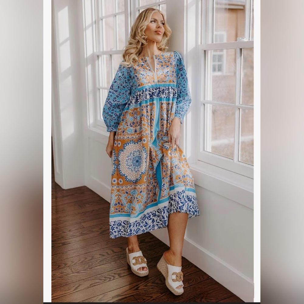 Current Air Split Round Neck 3/4 Dolman Sleeve Empire Waist Dress: Multi :Size-M